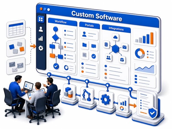 Bespoke operations platform replacing spreadsheets and disconnected tools with workflow engine, customer portal, admin dashboard, integration hub, automation route, reporting surface, and code ownership handoff document
