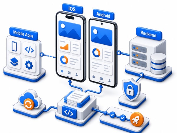 Mobile app delivery workspace showing iOS, Android, shared codebase, backend API, privacy controls, and app release workflow
