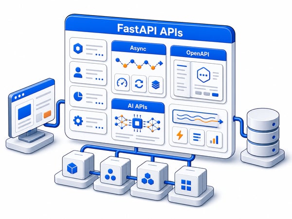 FastAPI API service layer showing async endpoints, OpenAPI docs, AI APIs, and observability