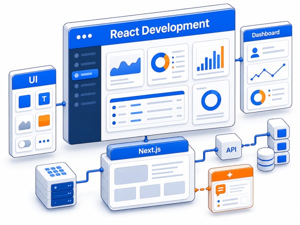 Component-driven product UI workspace with dashboard widgets, portal screens, server-rendered app shell, design-system blocks, AI user experience panel, and backend API connection