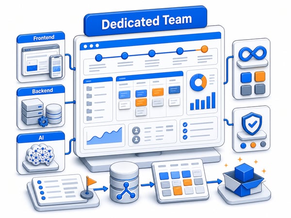 Delivery pod workspace integrated with a client roadmap, repository, sprint board, shipped product increments, and senior role lanes for frontend, backend, AI, DevOps, and QA