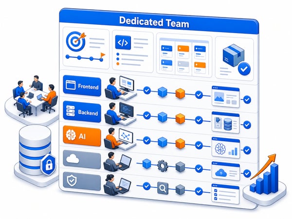 Dedicated delivery pod workspace showing frontend, backend, AI, roadmap, repository, sprint board, and shipped product increments