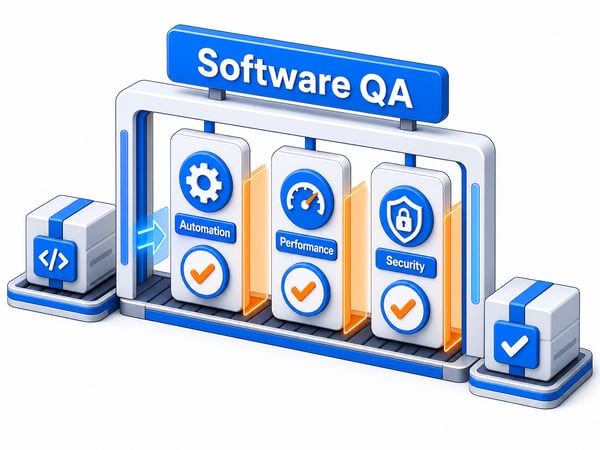 Software QA dashboard showing functional, automation, performance, security, and regression testing gates before release