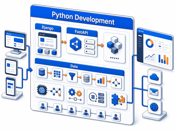 Backend engineering workbench with web app modules, async API services, data pipeline tiles, AI backend nodes, automation workers, and third-party integration connectors feeding a product dashboard