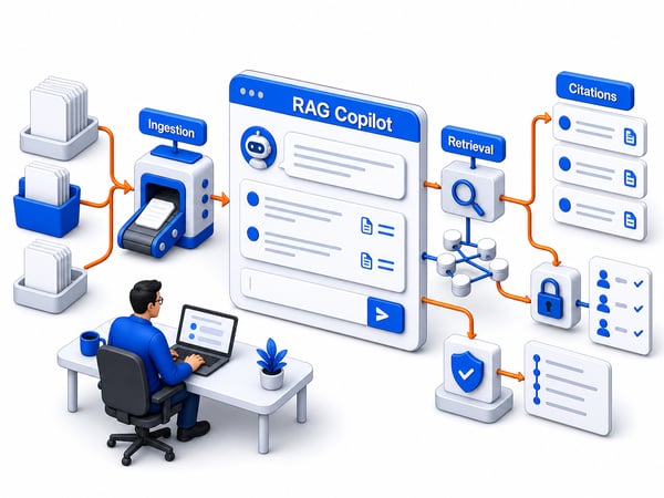 Private knowledge copilot interface connected to document stacks, ingestion pipeline, vector retrieval nodes, cited answer cards, permission controls, and audit trail