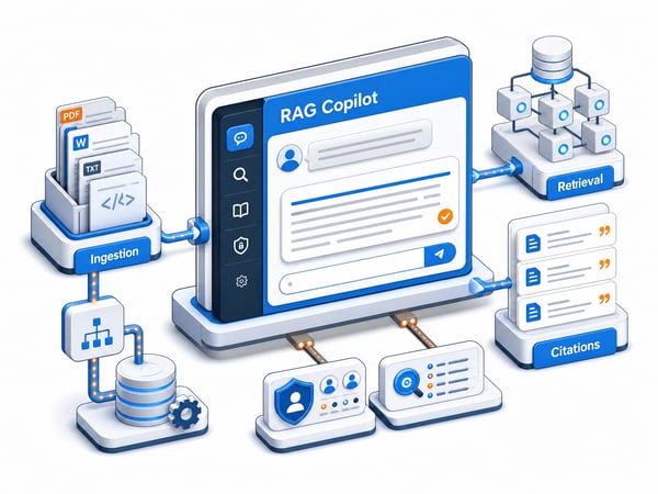 RAG knowledge copilot interface connected to ingestion, retrieval, citations, access control, and audit modules