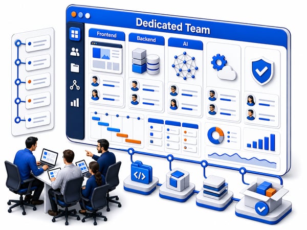 Dedicated product team operating model with senior engineers, embedded sprint board, shared roadmap, delivery ownership, specialist roles, support capacity, and clean handoff into the client workflow