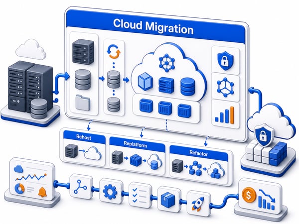Cloud migration architecture board showing legacy hosting moving into secure cloud infrastructure with data replication, IaC, CI/CD, monitoring, and low-downtime cutover