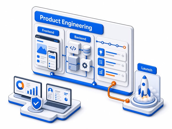 UK product engineering workspace showing layered screens, backend services, roadmap, and launch path