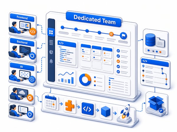 Delivery pod workspace integrated with a client roadmap, repository, sprint board, shipped product increments, and senior role lanes for frontend, backend, AI, DevOps, and QA