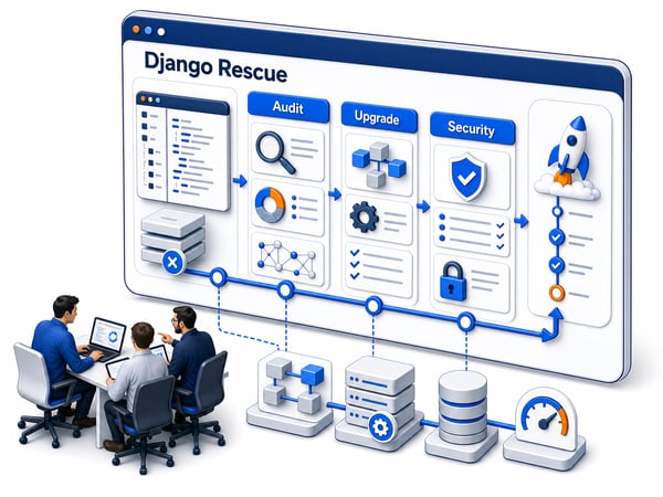 Web application audit console where an older Django-style codebase is reviewed, upgraded, hardened, performance tuned, and wrapped with tests before staged deployment