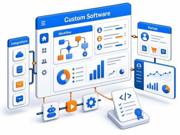 Custom software platform showing workflow automation, portals, integrations, reporting, and code ownership handoff