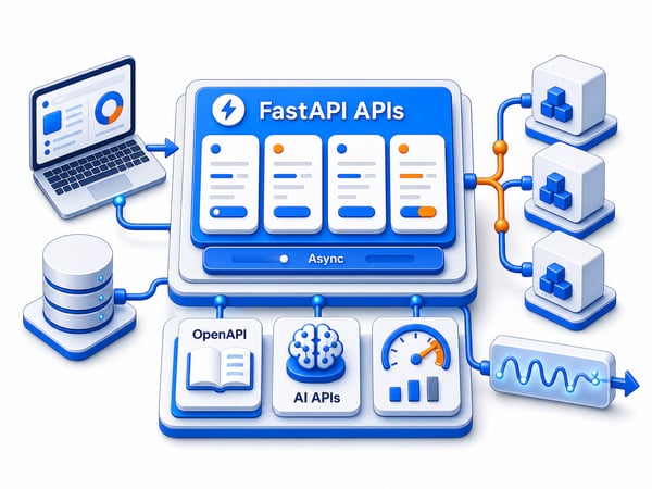 FastAPI service layer showing typed endpoints, OpenAPI documentation, AI APIs, streaming responses, observability, and microservices