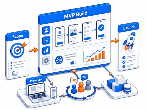 MVP launch workspace showing scope, prototype, launch flow, feedback loop, and scalable product foundations