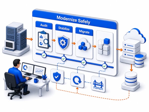 Modernization control tower showing legacy application assessment, stabilization, phased migration, validation checkpoints, rollback path, database migration, and continuity lane
