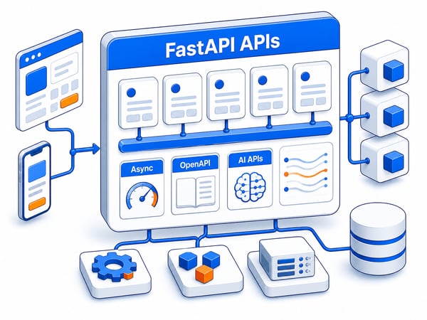High-performance API service layer with typed endpoint cards, automatic API documentation, AI service backend, streaming response channel, observability gauge, and decoupled microservice blocks