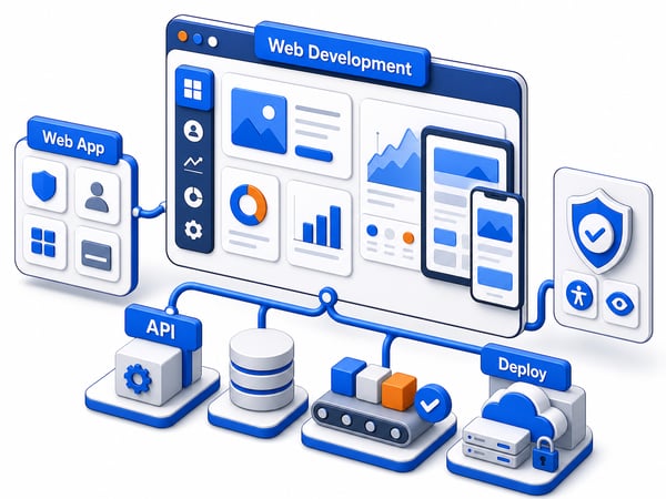 Custom web application dashboard showing responsive web app, API, database, deployment pipeline, and accessibility checks