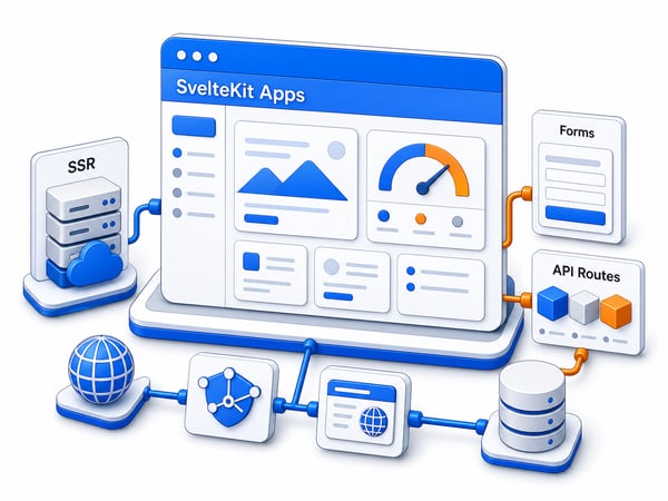 SvelteKit high-performance web app surface showing server-rendered pages, form actions, API routes, database, edge deployment, and Core Web Vitals