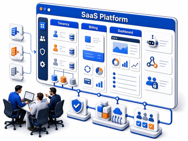 Multi-tenant SaaS product platform with tenant workspaces, subscription billing, admin dashboard, API hub, AI feature module, secure data isolation, and customer onboarding flow