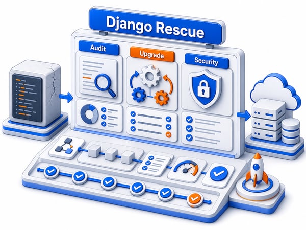 Django modernization audit console showing upgrade, security, performance, testing, and staged deployment work