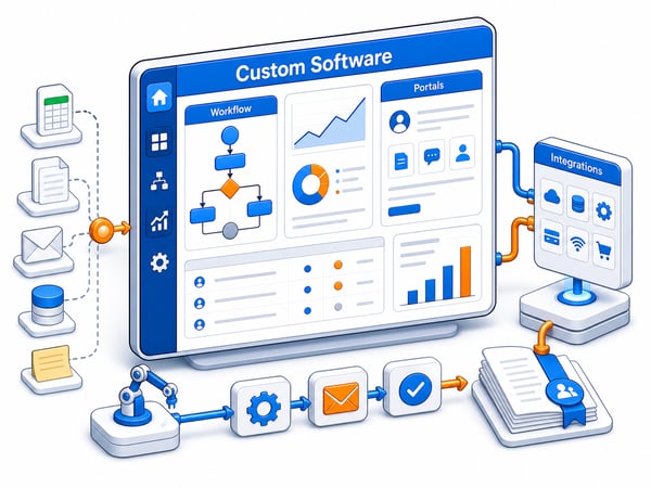 Bespoke operations platform replacing spreadsheets and disconnected tools with workflow engine, customer portal, admin dashboard, integration hub, automation route, reporting surface, and code ownership handoff document