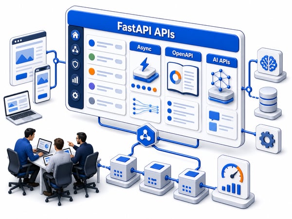 High-performance API service layer with typed endpoint cards, automatic API documentation, AI service backend, streaming response channel, observability gauge, and decoupled microservice blocks