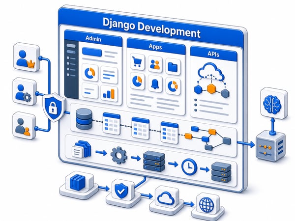 Django development platform showing apps, APIs, admin console, role-based access, data model, background jobs, AI feature connector, and secure deployment