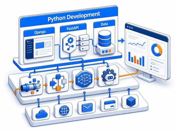 Backend engineering workbench with web app modules, async API services, data pipeline tiles, AI backend nodes, automation workers, third-party integration connectors, and product dashboard
