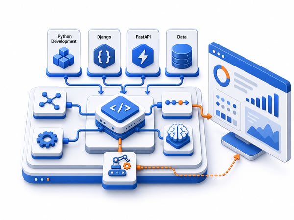 Python development workbench showing Django apps, FastAPI services, data pipelines, AI backend nodes, and integration connectors