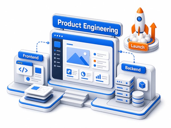 Product engineering workspace showing frontend, backend, MVP, and AI feature modules connected across a full-stack product build