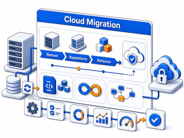 Cloud migration command dashboard with source systems, low-downtime cutover path, infrastructure as code, CI/CD pipeline, monitoring, cost controls, and Singapore cloud region target