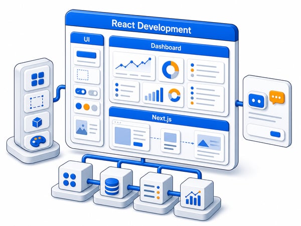 React product UI workspace showing dashboard widgets, portal screens, design system blocks, and API-connected AI UX