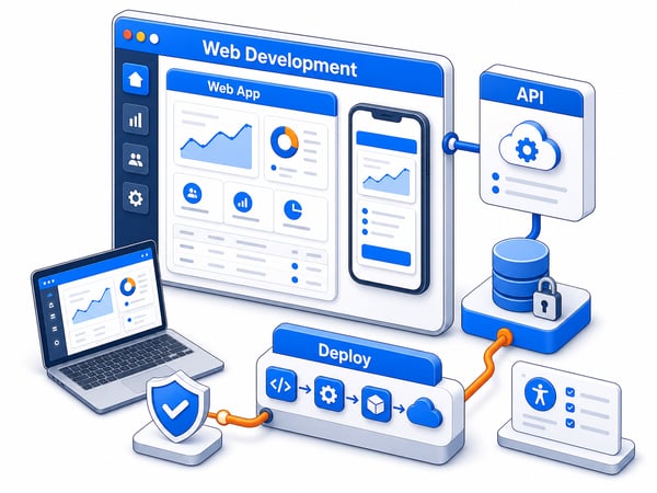 Custom web application platform with responsive product screens, backend API blocks, multilingual interface tiles, secure cloud hosting path, performance gauge, and integration connectors