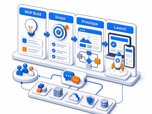 MVP launch workspace where a focused product slice moves from scoping to prototype to launched web or mobile product with core user flow, optional AI feature block, feedback loop, and scalable foundation blocks