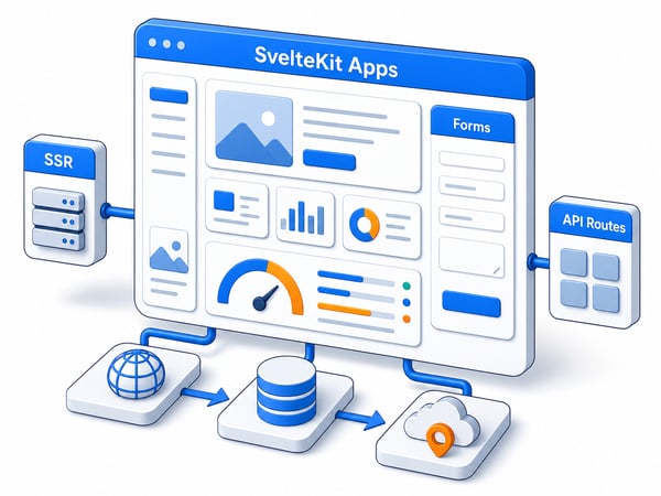SvelteKit web app surface showing server-rendered pages, forms, API routes, database, edge deployment, and Core Web Vitals