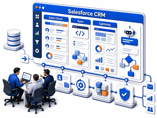 Generic CRM command center with sales pipeline records, customer profile cards, automation flow, custom development blocks, data migration path, integration connectors, and AI agent workflow