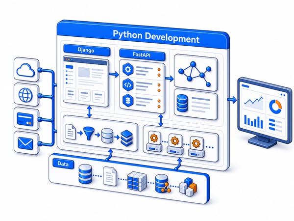 Python backend engineering workbench showing Django, FastAPI, data pipelines, and AI backend services