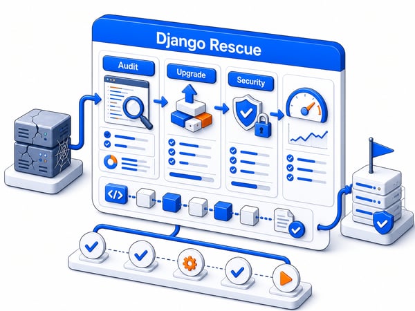 Django modernization audit console showing upgrade, security, performance, and test workflow