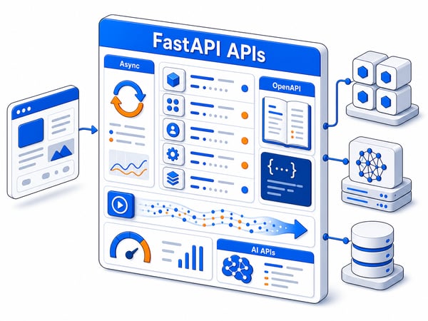 High-performance API service layer with typed endpoint cards, automatic API documentation, AI service backend, streaming response channel, observability gauge, and decoupled microservice blocks