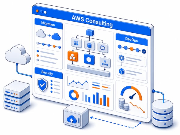 Cloud operations dashboard with generic architecture blocks, migration plan, CI/CD automation, security guardrails, monitoring, backup path, and cost-control gauge