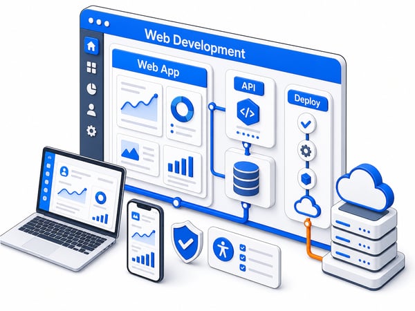 UK web application showing dashboard, responsive preview, API layer, database, and deployment pipeline