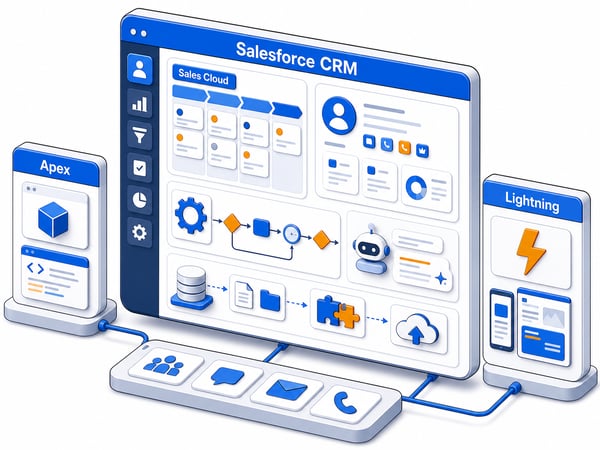 Generic CRM command center showing sales pipeline records, customer profile cards, automation flows, custom development blocks, integrations, and AI workflow