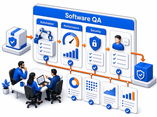 Release-quality dashboard showing verified build package, QA pipeline, automated test gates, manual review, load testing gauge, security validation, regression coverage, and test reports