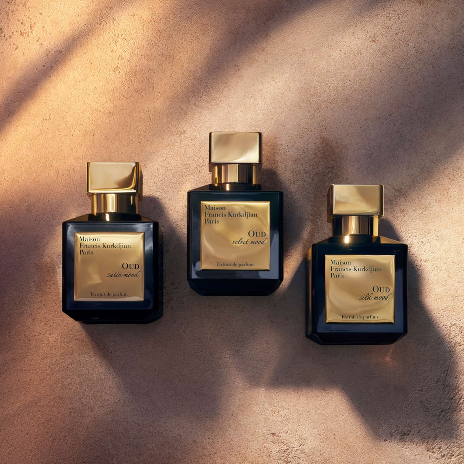 OUD velvet mood Extrait de Parfum bottles from the Maison Francis Kurkdjian OUD mood collection