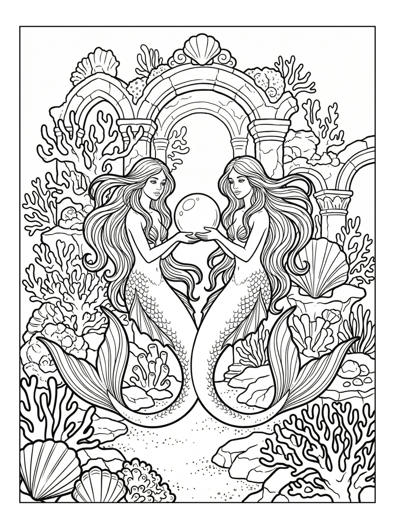 Twin Mermaids Holding Pearl Underwater Palace