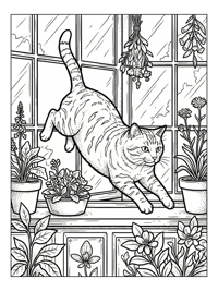 Cat Leaping Across Window Sill Plants