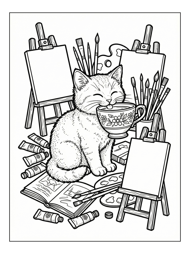 Kitten Sips Teacup In Art Studio