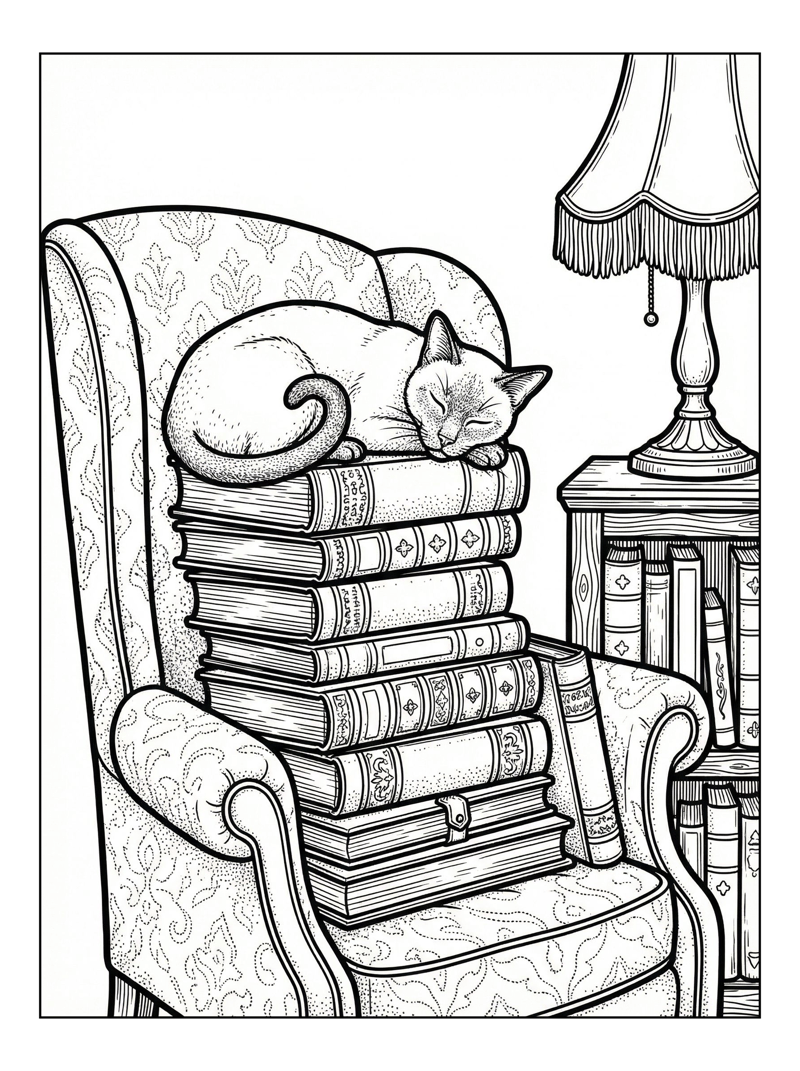 Siamese Cat Sleeping On Books In Armchair