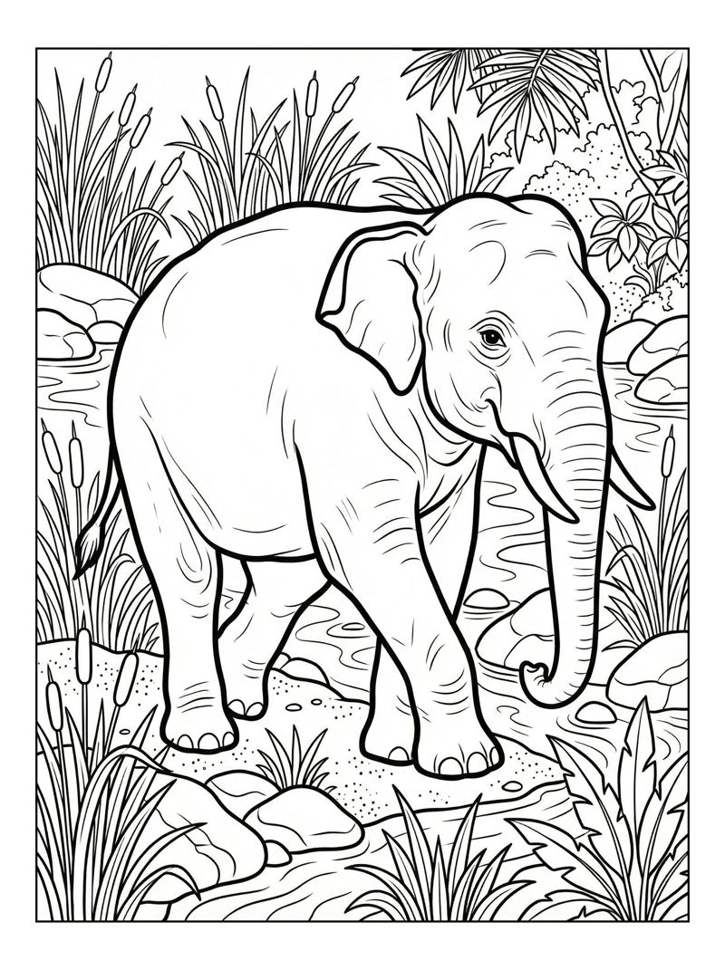 Asian Elephant Walking By Riverbank