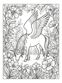 Winged Alicorn Grazing In Flower Garden